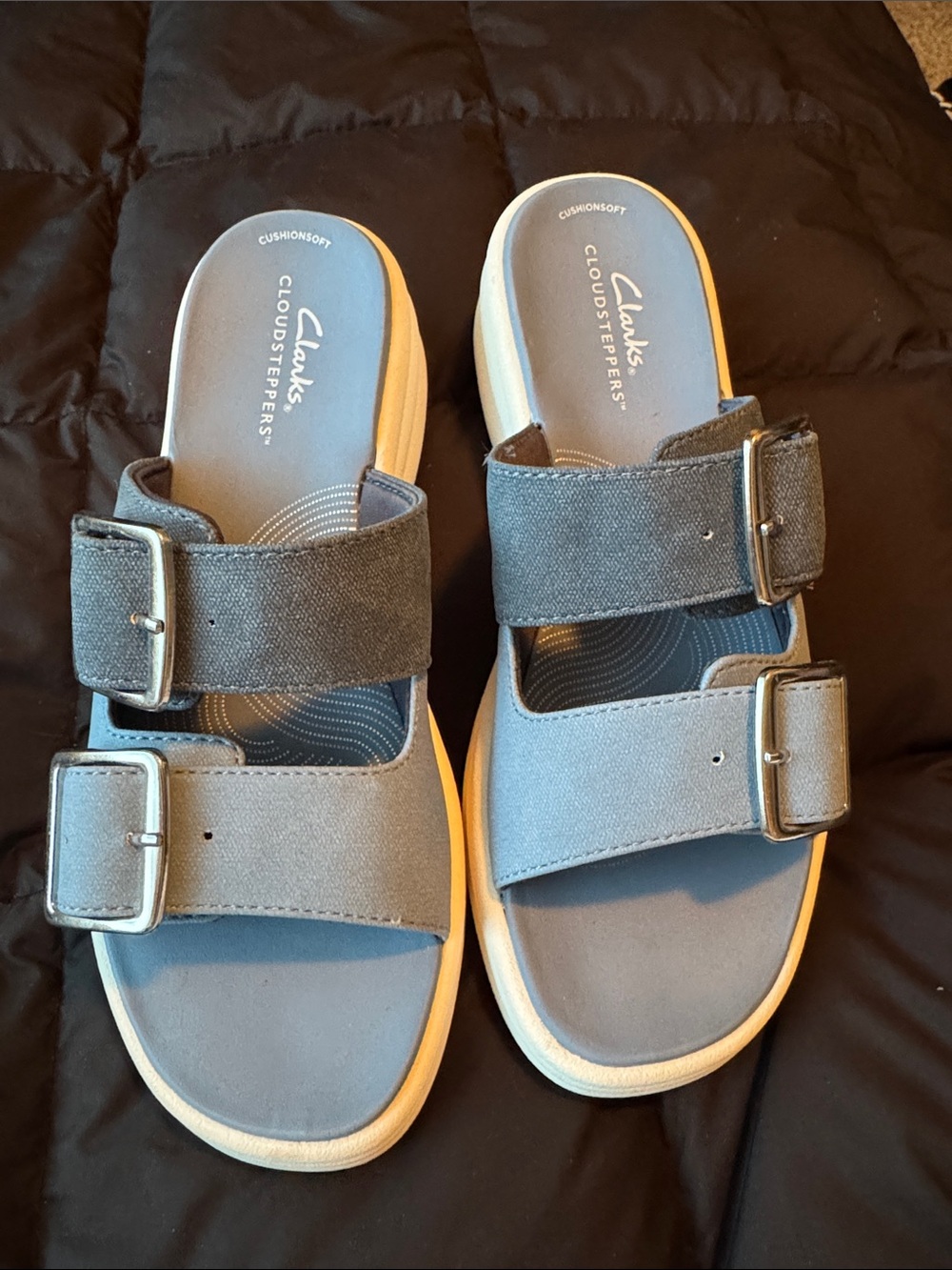 Cloudsteppers by Clarks Women's Double-Buckle Slide Sandals in Blue and Tan